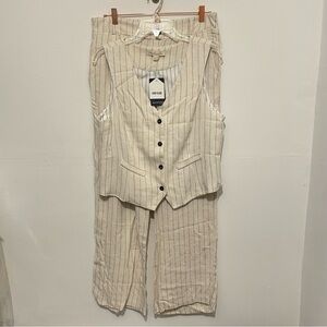 Monteau Los Angeles Beige Striped Vest and Pants Set Womens XL Linen Blend NWT